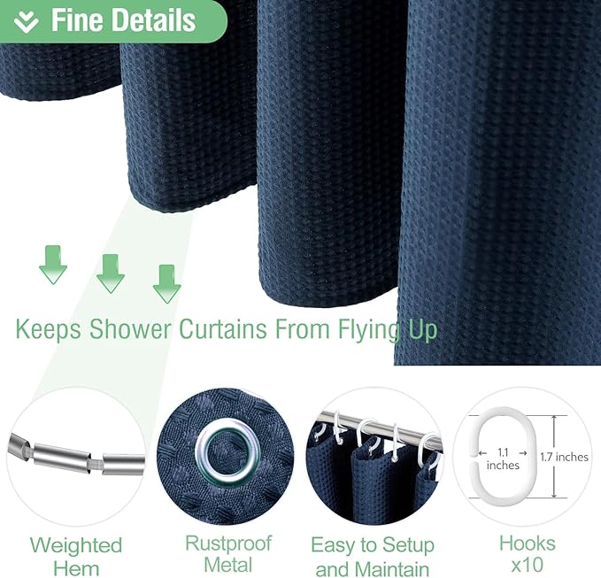 Dynamene Stall Fabric Shower Curtain - 60 x 84 inch Long Waffle Weave Weighted Thick Cloth Shower Curtain for Bathroom, Neutral Heavy Duty Hotel Spa Luxury Bath Curtain Set with 10 Hook, Navy Blue