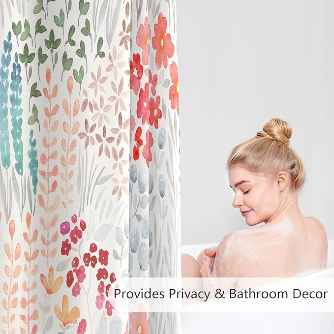 Colorful Floral Shower Curtain, Retro Red Teal Flower Fabric Shower Curtain, Cute Funky Watercolor Wildflower Shower Curtain Set, Cottagecore Bohemian Bathroom Decor, 72x72