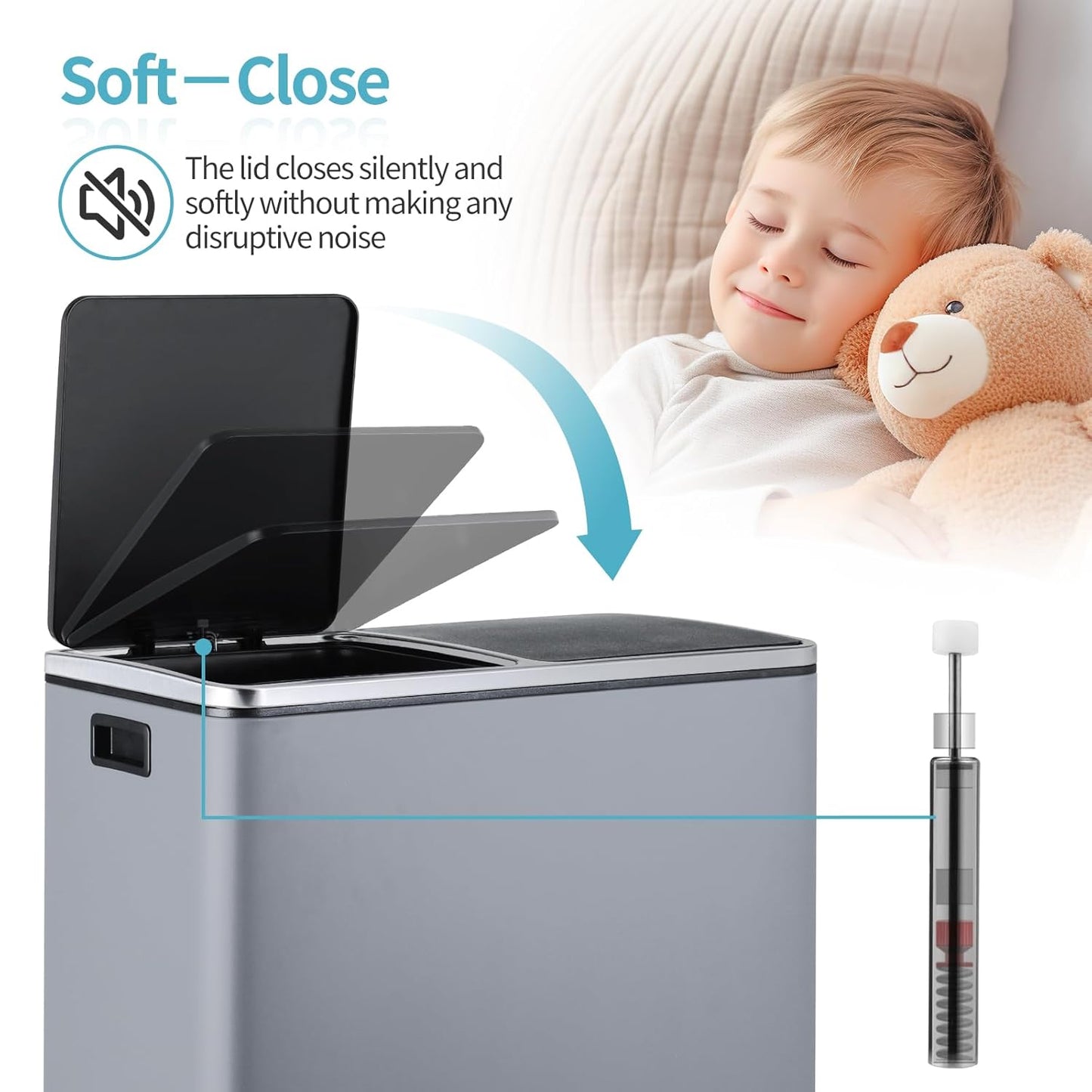 16 Gallon Rectangular Stainless Steel Trash Can, Dual Compartment Garbage Bin with Recycling Combo, Metal Dustbin Lid, Removable Liner, Indoor Hands Free Waste Bucket for Kitchen Home