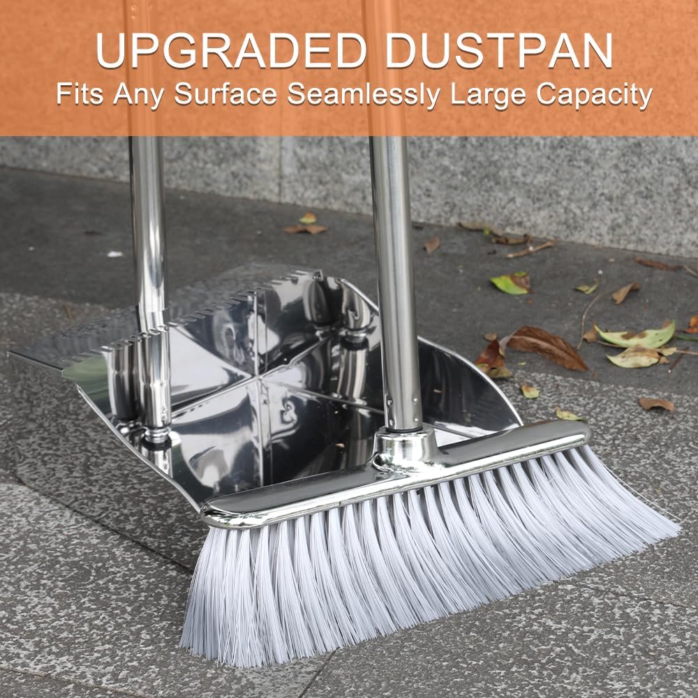 Broom and Dustpan Set,Soft Bristles Indoor Kitchen Broom with Stainless Steel Dustpan ，Metal Dust Pan，Silvery White, Suitable for Ceramic Tiles, Solid Wood, Composite Flooring