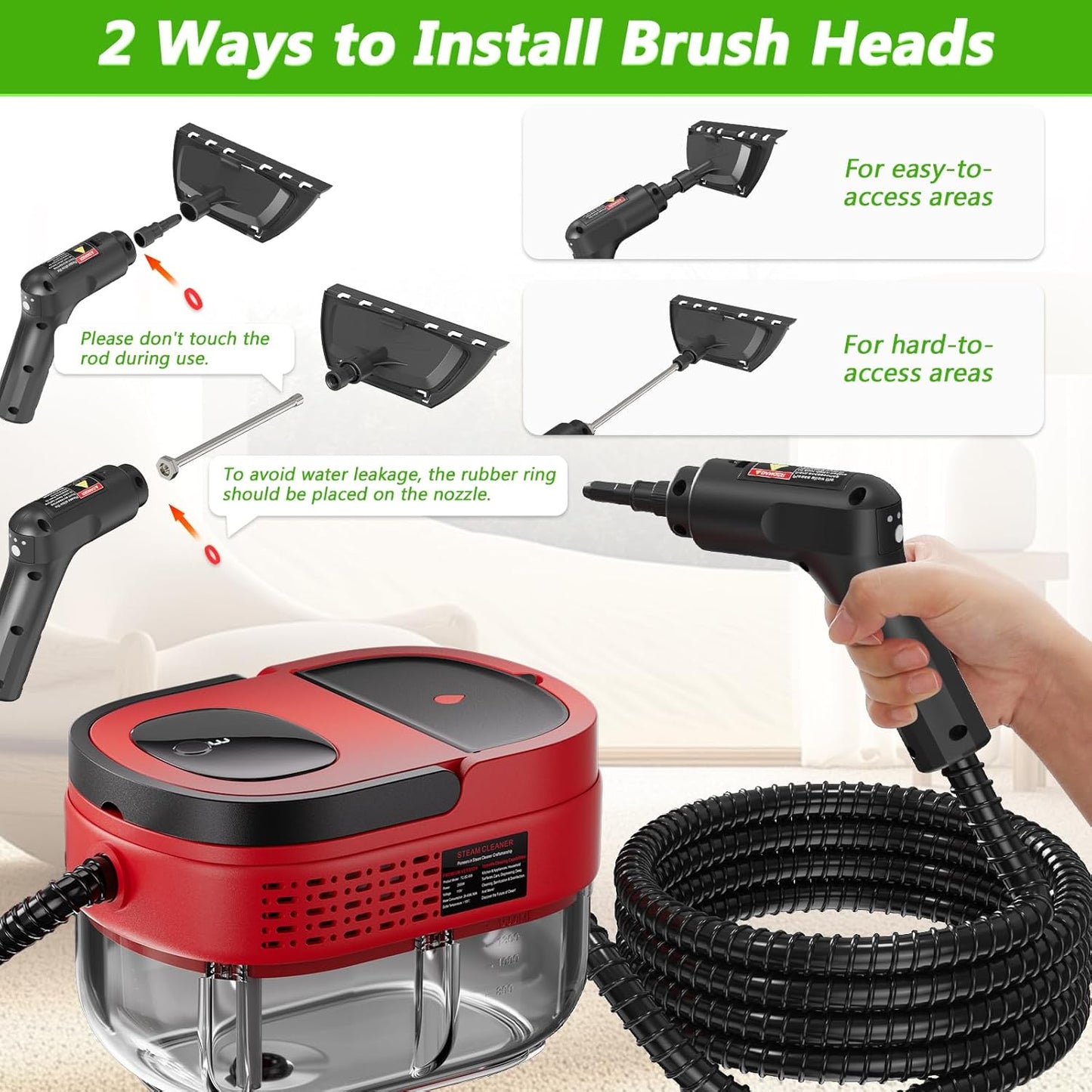 Handheld Steam Cleaner, 2500W High Pressure Steamer for Cleaning, Portable Steam Cleaner with 1.6L Water Tank, 3 Levels Adjustable Handle, Steam Cleaner for Home, Car, Furniture, Bed Bugs (Red)