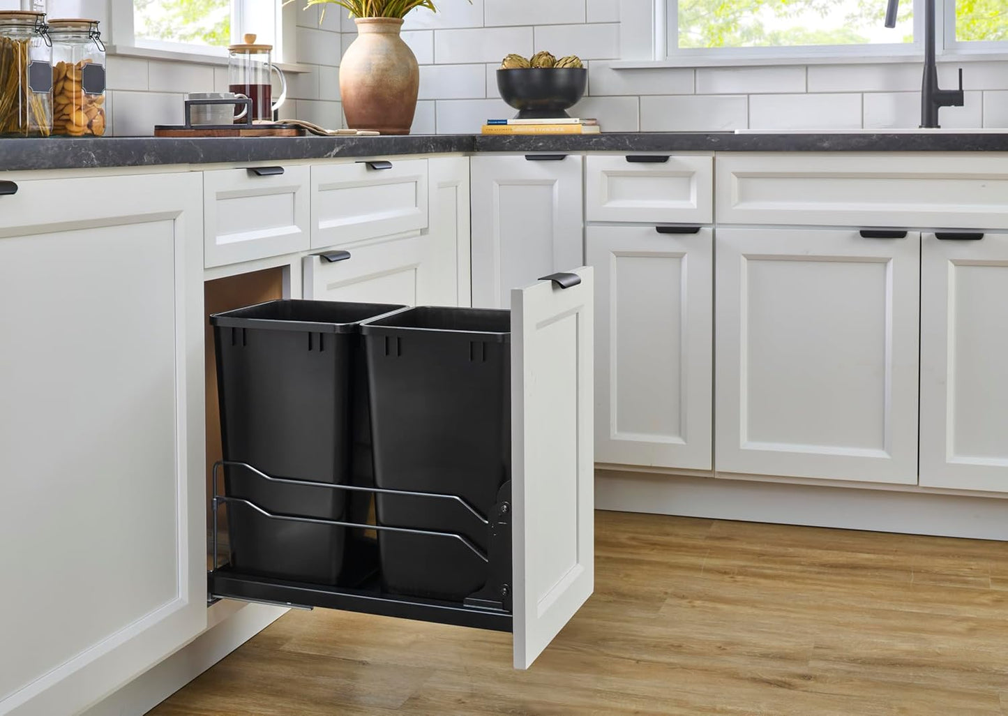 Rev-A-Shelf Double Pullout Trash Cans for Under Kitchen Cabinets 35 Quart 8.75 Gallon with Soft-Close Slides, Metallic Silver, 53WC-1835SCDM-217