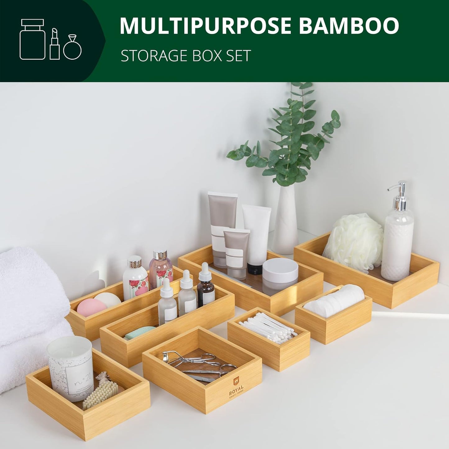 ROYAL CRAFT WOOD Bamboo Jewelry Organizer Box & Chests Set - Versatile Storage Solution for Makeup, Jewelry, and Bathroom Essentials (8 Boxes)