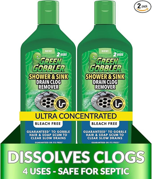 Green Gobbler Ultra Concentrated Drain Clog Remover & Cleaner | Powerful Hair, Grease & Soap Dissolver for Bathroom, Kitchen, Shower, Sink & Toilet | Safe for Pipes & Septic Systems | 2 Pack