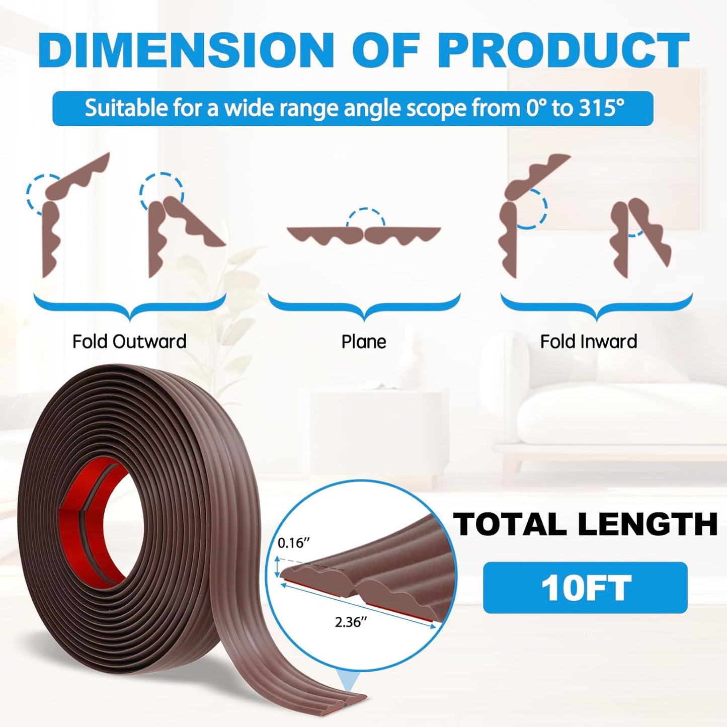 Wall Corner Protector Peel and Stick Corner Trim Molding Flexible Inside & Outside Wall Edge Guard Self Adhesive Moulding Trim for Edge Use, Brown, 2.3” W x 10’ L
