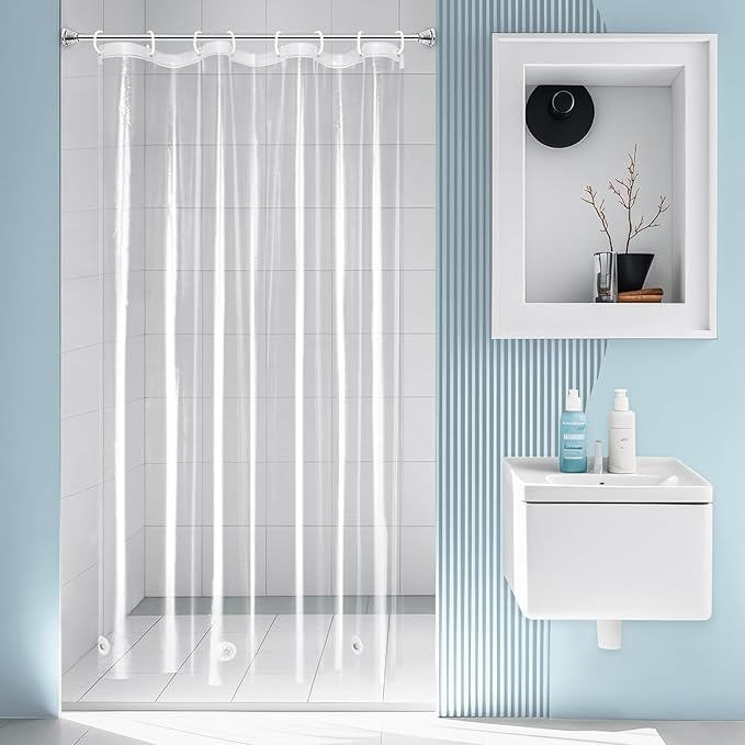 EurCross 48 x 84 inch Extra Long Stall Shower Curtain Liner with 3 Magnet Weights and Hooks, Heavy Duty Waterproof 9G PEVA Transparent Plastic Long Stall Shower Curtain, 8 Metal Grommets.