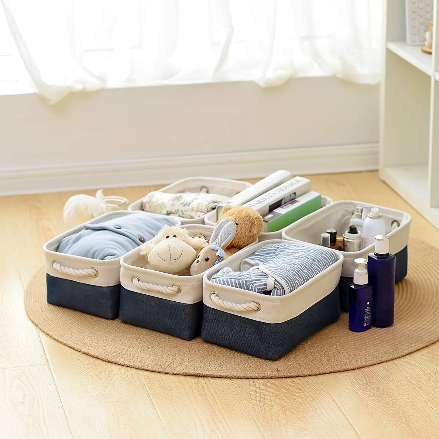 TcaFmac Organization and Storage Cubes - 12x8x5.2 inch Small 6 Pack Collapsible Storage Bins for Sheves, Fabric Storage Basket for Gifts Empty for Closet Cloth Toy Kids Books(White & Jean Blue)