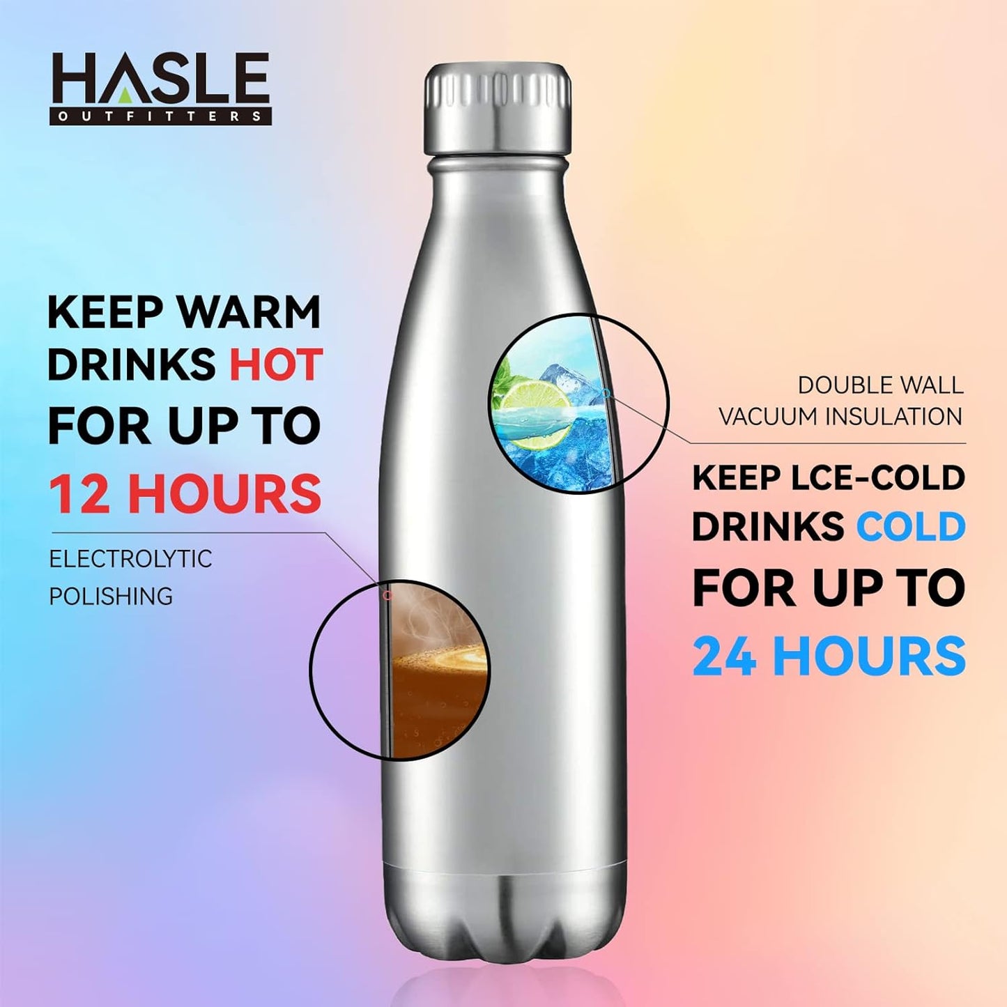 HASLE OUTFITTERS 17oz Stainless Steel Water Bottles Bulk, Vacuum Insulated Water Bottles Double Walled Reusable Metal Sports Water Bottles Keep Drinks Hot and Cold, Stainless, 8Packs