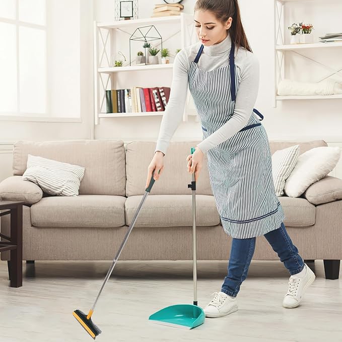 Upgraded Dual-Sided Bathroom Floor Scrub Brush with Long Handle, Tile and Grout Cleaning Brush for Shower and Corner Floors, Yellow-Green Non-Scratch Scrubber for Hard-to-Reach