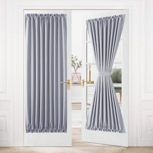 DWCN French Door Curtains – Rod Pocket Thermal Blackout Curtain for Doors with Glass Window, Kitchen and Patio Doors for Privacy, 54 X 80 Inches Long, 1 Curtain Panel with Tieback, Silver Grey
