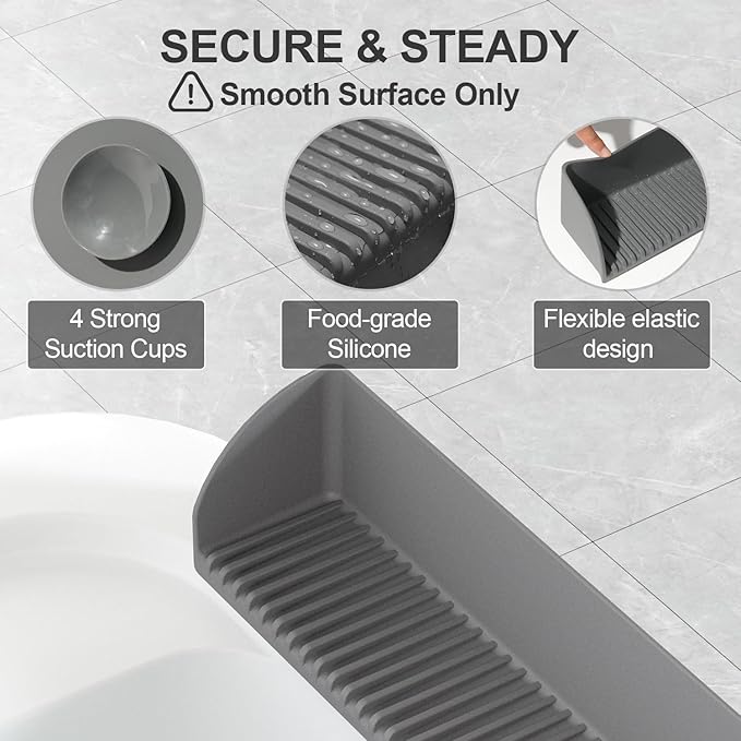 Roslim Splash Guard for Bathtub & Sink - Silicone Bath Splash Guard Shelf, Bath Toy Tray Holder, Tub Water Splash Guard with 4 Suction Cups, 1Pack, Grey