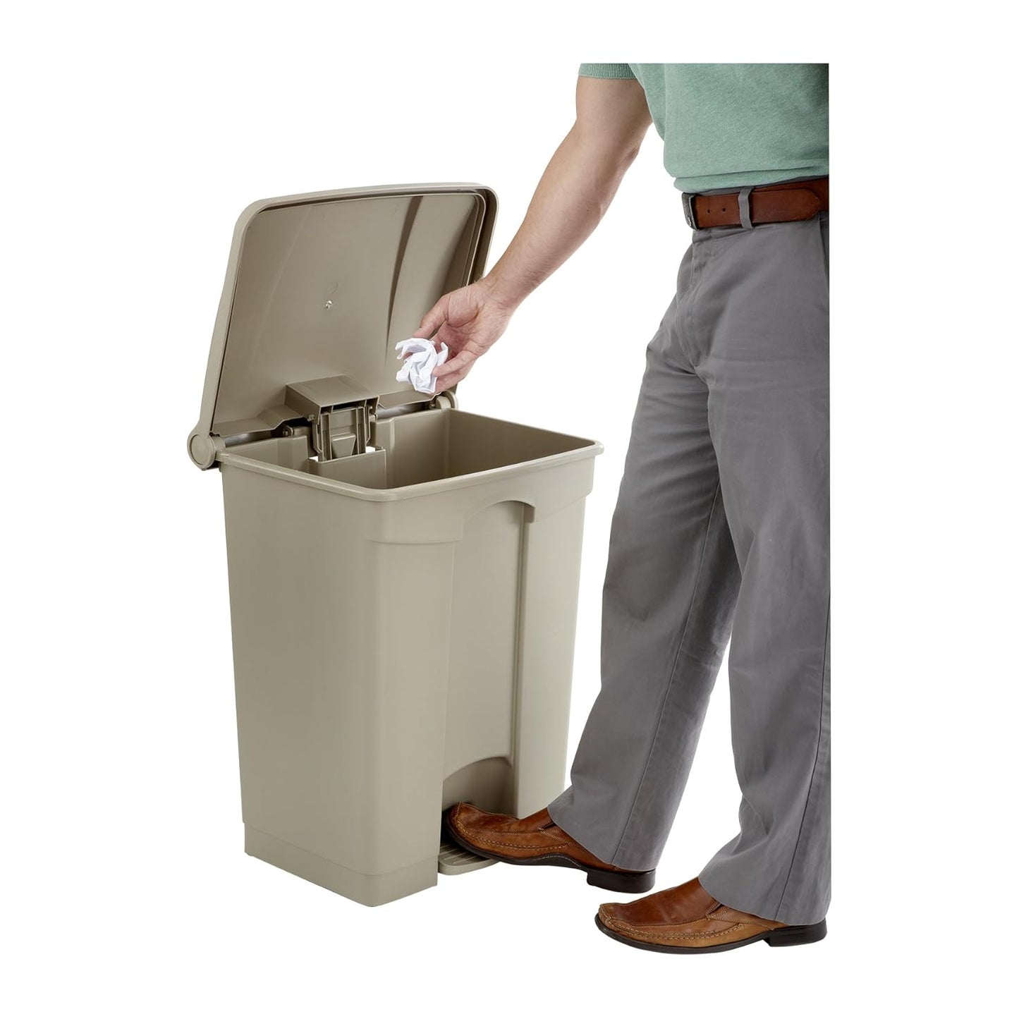 Safco Step On Plastic Trash Can with Foot Pedal, 17 Gallon Garbage Can for Kitchen, Indoor or Outdoor Use, Hands Free, Tan