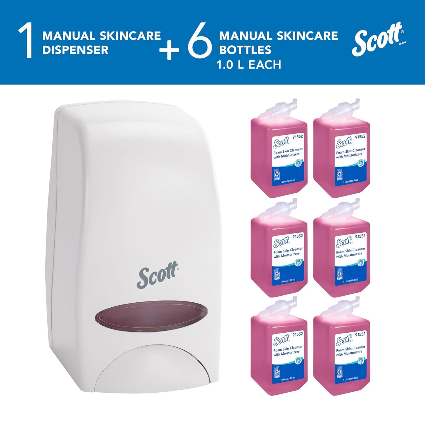 Bundle of Scott® Foam Hand Soap with Moisturizers, 1.0 L Pink, Floral Scent Refills + Scott Essential Manual Skin Care Dispenser, White Starter Kit
