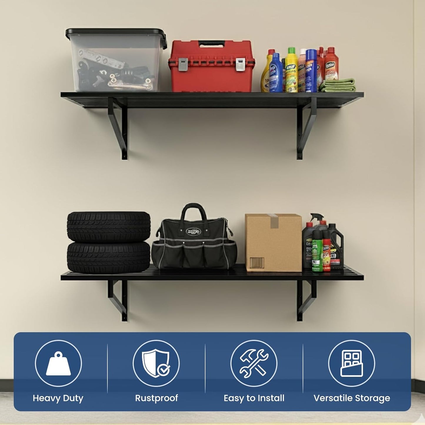 1-Pack Garage Wall Shelves, 2' x 4' Heavy Duty Wall Mounted Storage Rack with 3 Hooks, 250 lbs Capacity, Steel Garage Organization Shelving for Tools, Bins, and Power Equipment