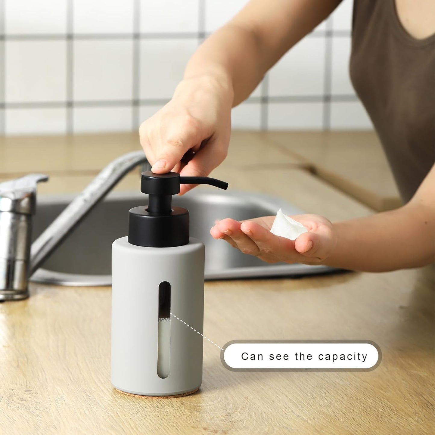 Enra Foaming Soap Dispenser with Clear Window,12oz Bathroom Soap Dispenser with Stainless Steel Pump, Modern Thick Glass Refillable Pump Bottle for Bathroom Kitchen(Light Gray Foam Dispenser)