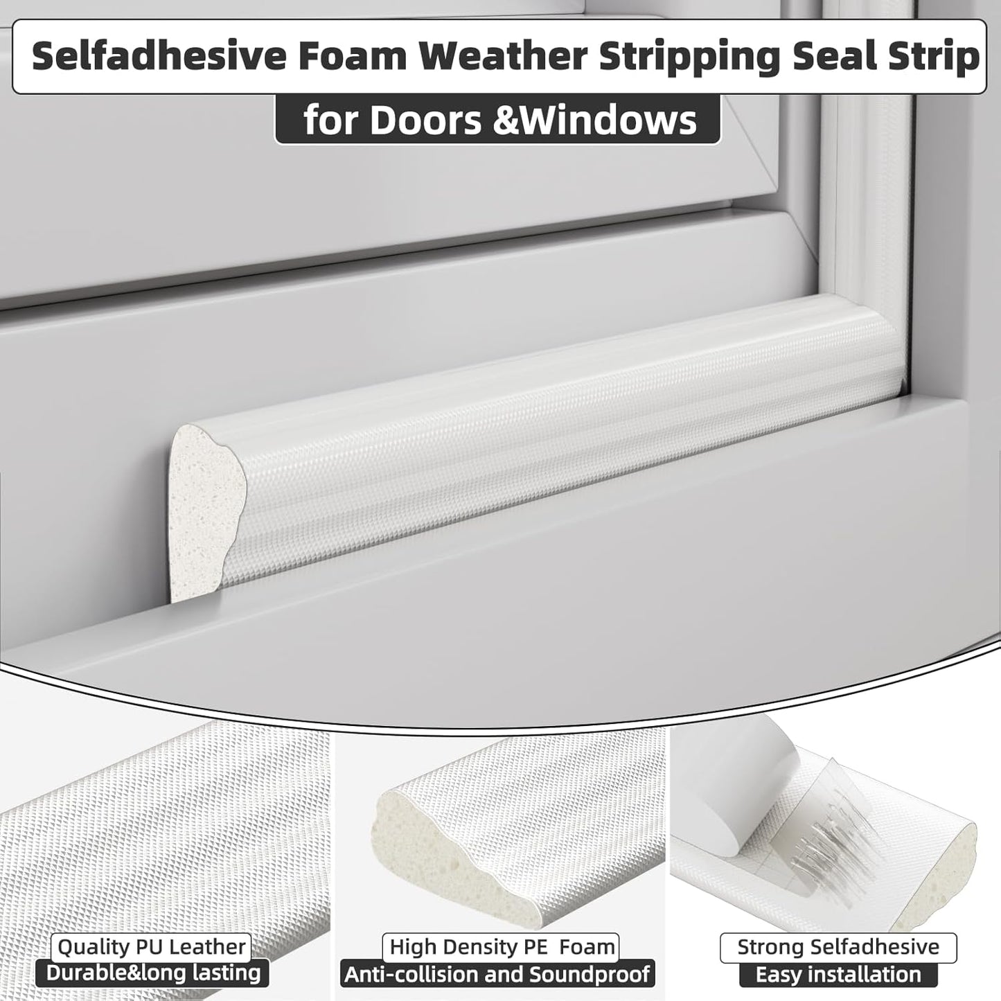 16.4 Ft Weather Stripping Seal Strip for Doors/Windows,Soundproofing Window Insulation Draft Stopper for Winter, Selfadhesive Foam Weather Strip for Door Frame,Door Gap Filler Noise Blocker(White)