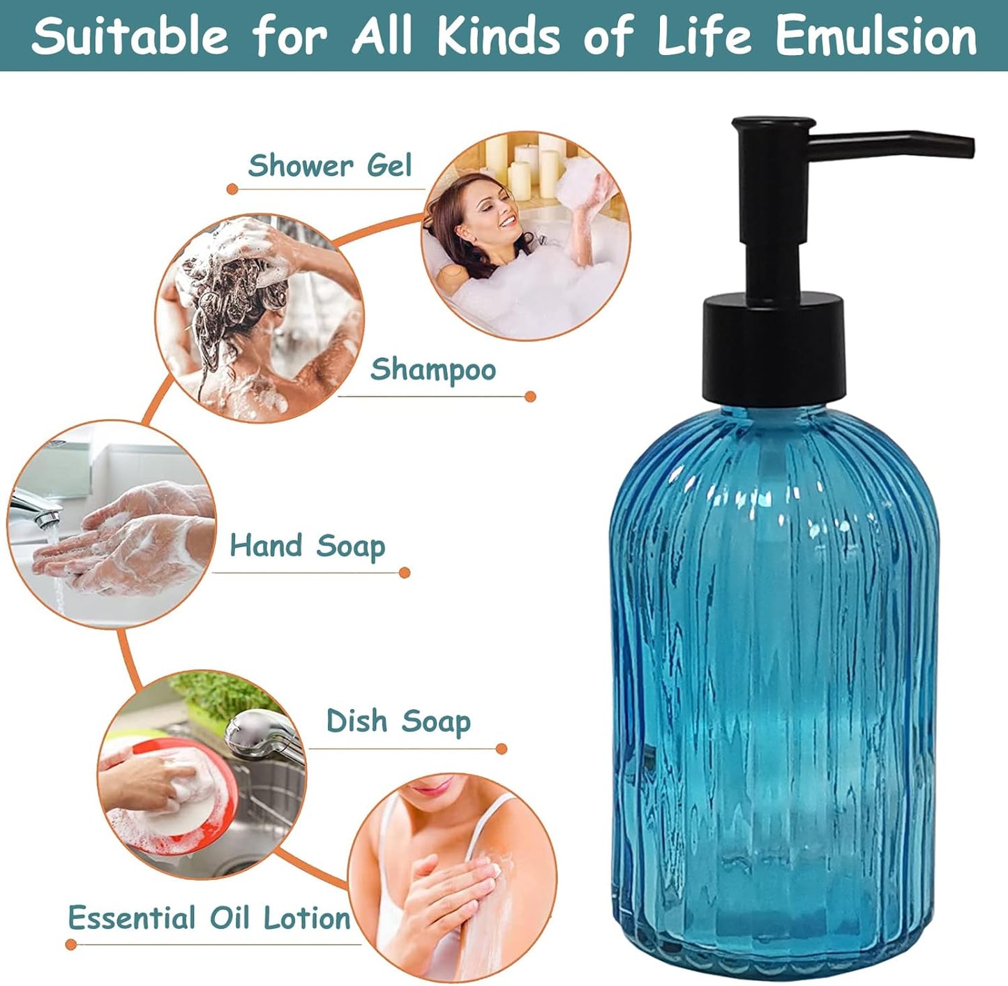 Blue Glass Soap Dispenser Set with Black Pump, 13.5oz Refillable Hand Dispenser, Lotion Dish Soap Dispenser for Modern Home Decor, Kitchen Countertop, Bathroom, Hotel