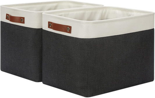 DULLEMELO Storage Bins Large-16"x12"x12" With Leather Handles for Organizing,Decorative Collapsible Storage Baskets for Shelves Closet Home Office (White&Black)