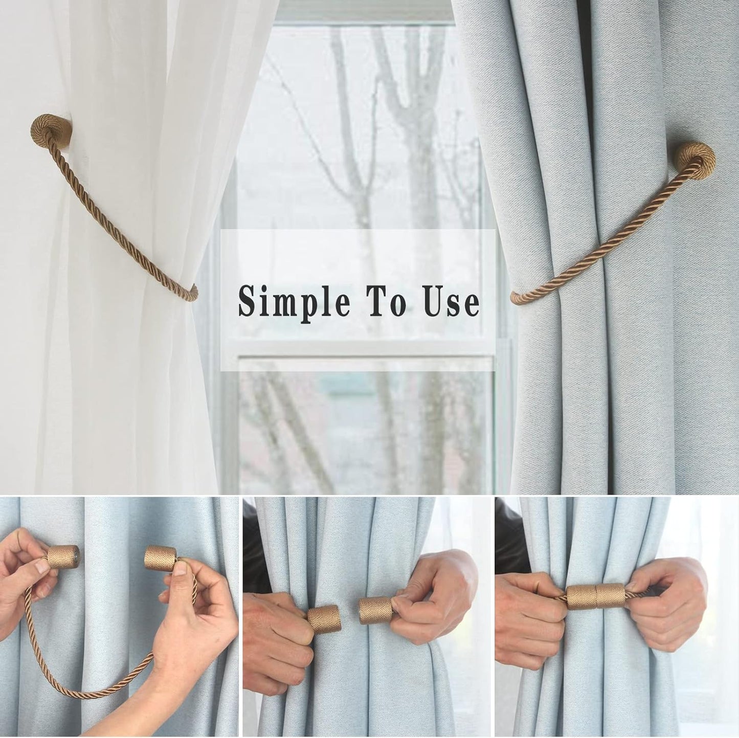 Magnetic Curtain Tiebacks 4 Pack Khaki Curtain Rope Tieback Curtain Holders for Drapes Modern Tie Backs Decorative Curtain Holdbacks