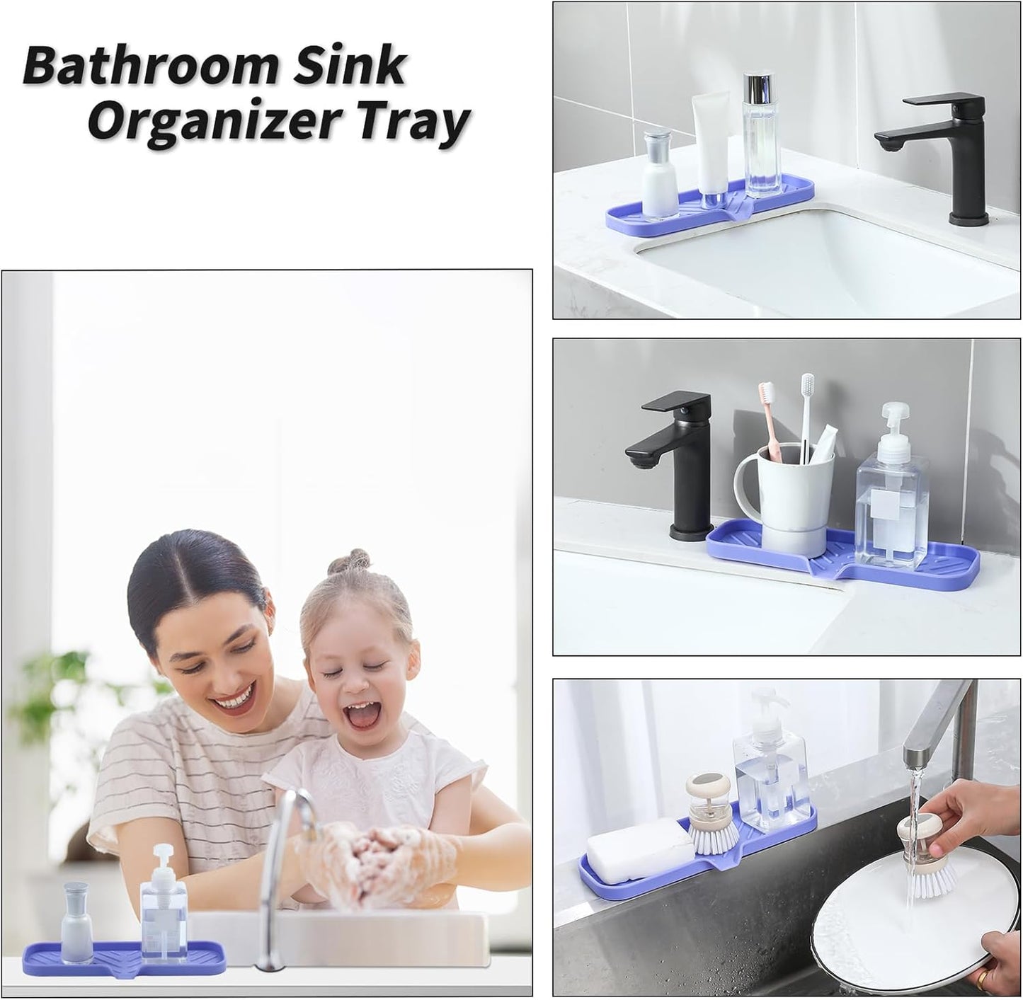 Silicone Bathroom Soap Dishes with Drain Spout-Bathroom and Kitchen Sink Organizer,Sponge Holder,Dish Soap Tray,Perfect for Dispenser,Scrubber,Bottle on Sink or Counter-Light Purple 12"×4"