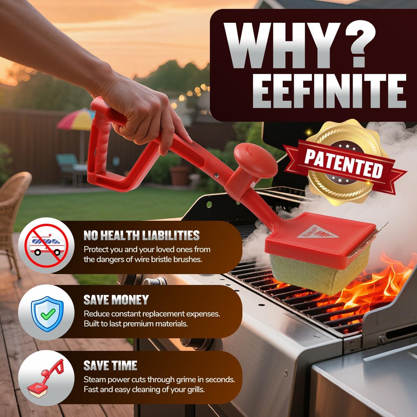Grill Brush Cleaner for Outdoor, EEFINITE BBQ Steam Cleaning Grill Brushes with Replacement Scrub Sponge + Superior Scraper, Safe Bristles Free Barbecue Scrubbers Brush for Gas Charcoal Grates, Red