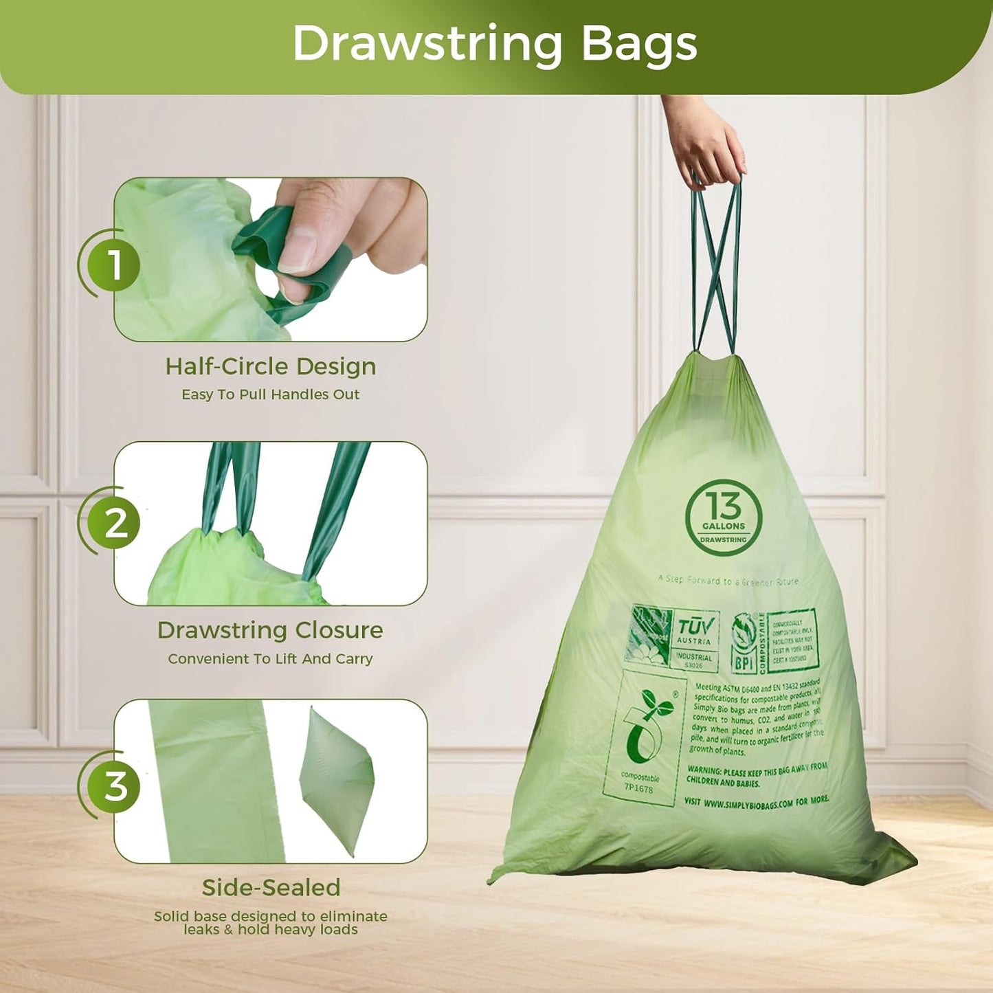 13 Gallon Compostable Trash Bags with Drawstring, Heavy Duty Extra Thick 1 Mil, 49.21 Liter, 30 Bags, Tall Kitchen Food Scrap Waste Bag, ASTM D6400, US BPI and OK Compost Home Certified