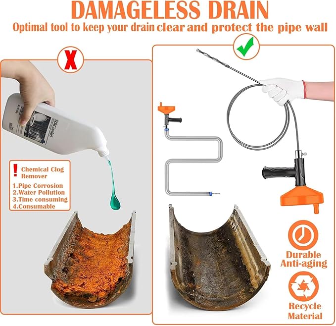 Drain Auger 33 Feet, Plumbing Snake Hair Clog Removal Tool, Heavy Duty Toilet Auger, Clog Remover Tool for Bathroom Kitchen Tub Shower Drain Clog Remover with Gloves, Orange