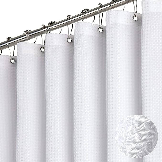 Dynamene Long White Fabric Shower Curtain - Waffle Textured Tall Heavy Duty Cloth Shower Curtains for Bathroom, 256GSM Large Hotel Spa Luxury Bath Curtain Set with 12 Plastic Hooks(72Wx78H, White)