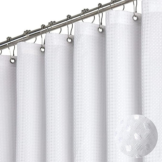 Dynamene Extra Wide Shower Curtain-108 Inch Wide Waffle Weave Weighted Thick Cloth Bathroom Shower Curtain, Neutral Heavy Duty Hotel Bath Curtain Set with 18 Plastic Hooks,108x72, White