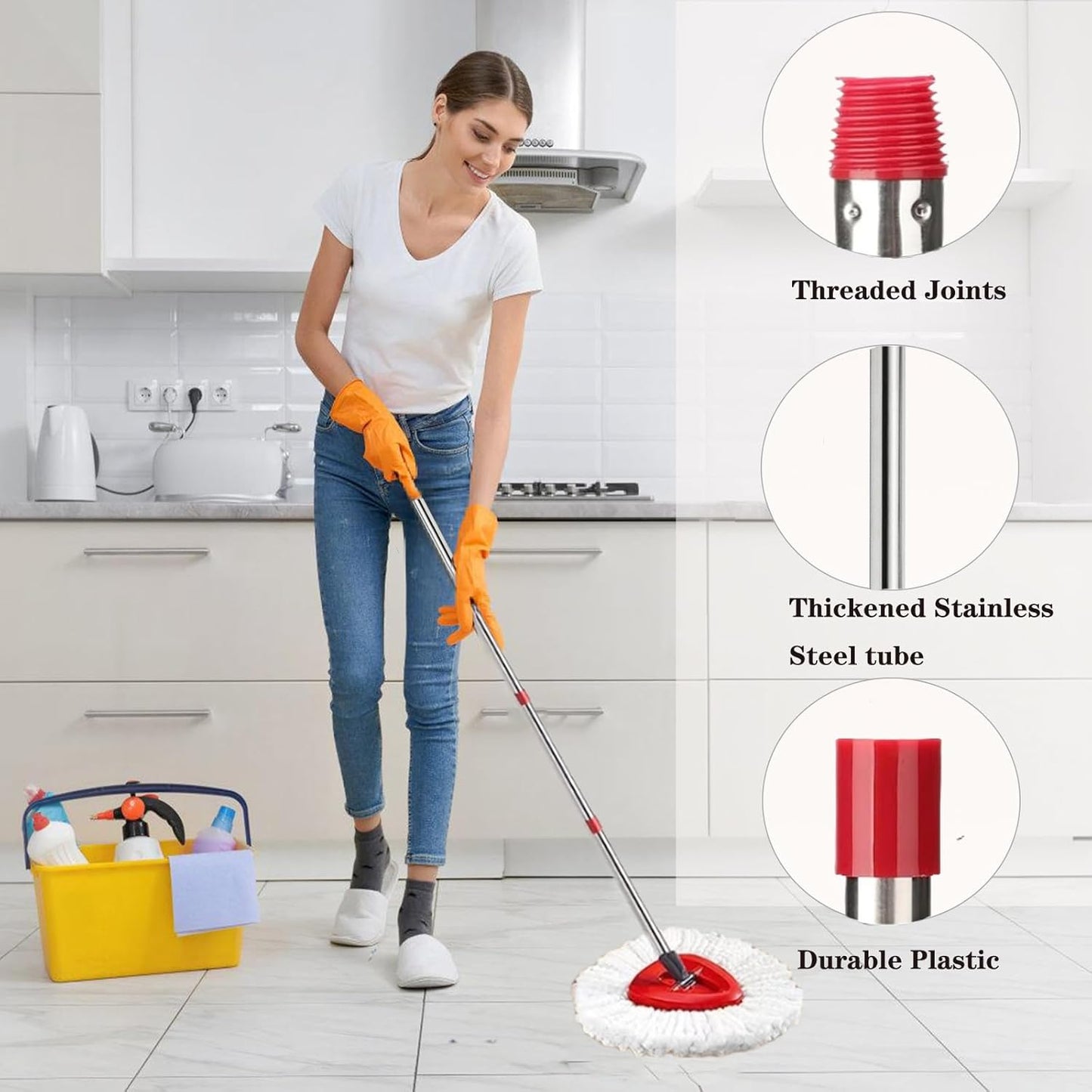Spin Mop Replacement Handle, 4-Section 30-to-58 inch Mop Replacement Stick Compatible with Ocedar Mop Handle for Easy Wring Mop Refills, Germany Screw Joint(Mop Head&Base not Include)