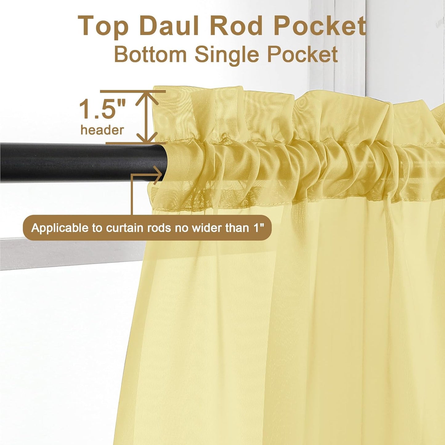Chyhomenyc Yellow Sheer Curtains 45 Inch Long 2 Panels, Light Filtering Rod Pocket Voile Short Curtains Drapes for Living Room Bedroom Small Windows, 42Wx45L Inches