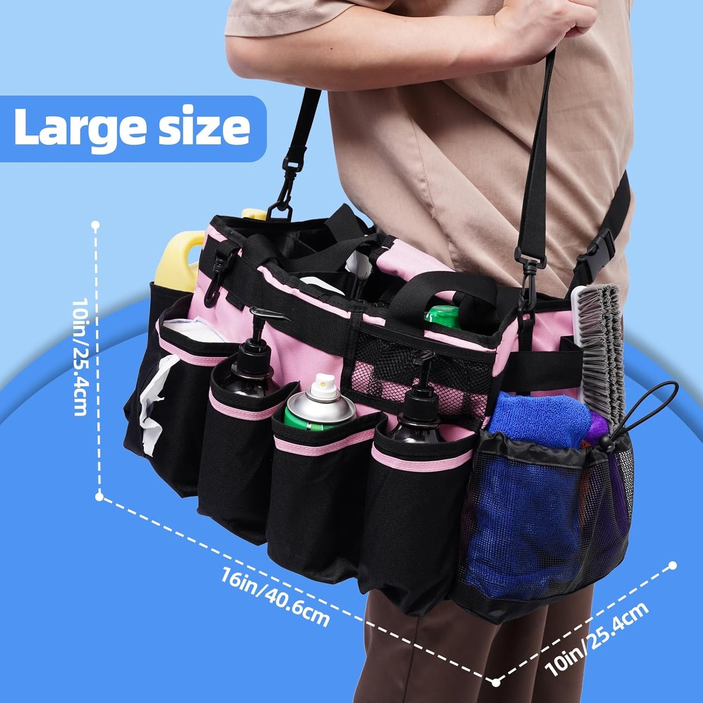 Large Cleaning Caddy, Professional Wearable Supplies Bag for Housekeepers, House Cleaners, and Car Detailing - Organizer Tote With Handle, Pink