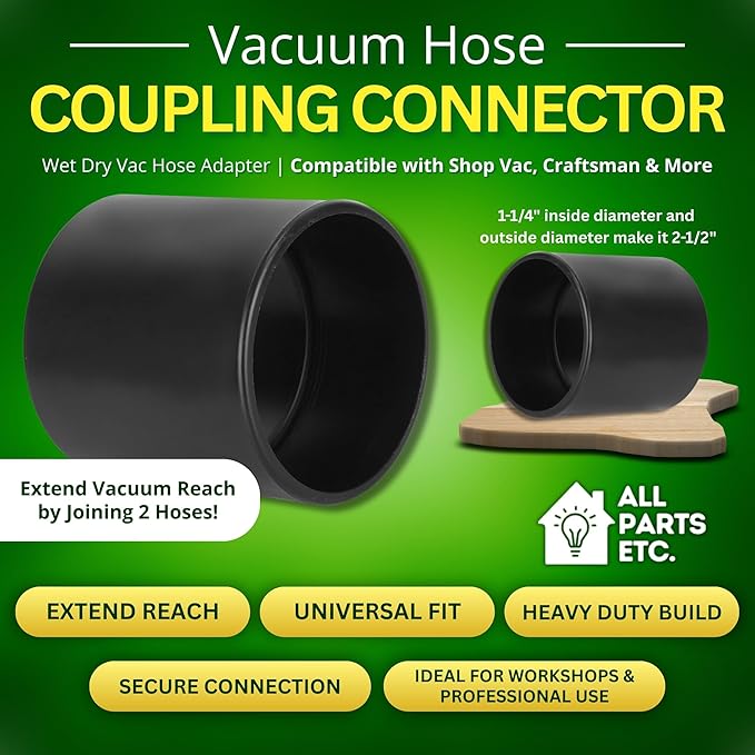 2.5" Vacuum Hose Coupling Connector – Wet Dry Vac Hose Adapter Compatible with Shop Vac, Craftsman & More– Extend Vacuum Reach by Joining 2 Hoses
