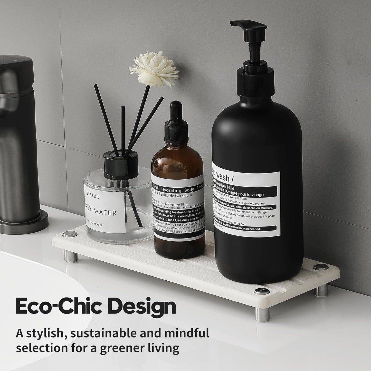 Quick Dry Bathroom Tray & Kitchen Sink Organizer, Water Absorbing Countertop Sponge Holder Soap Dish, Diatomaceous Earth Stone Vanity Dispenser Toothbrush Bottle, Gray Beige, 10" x 4"