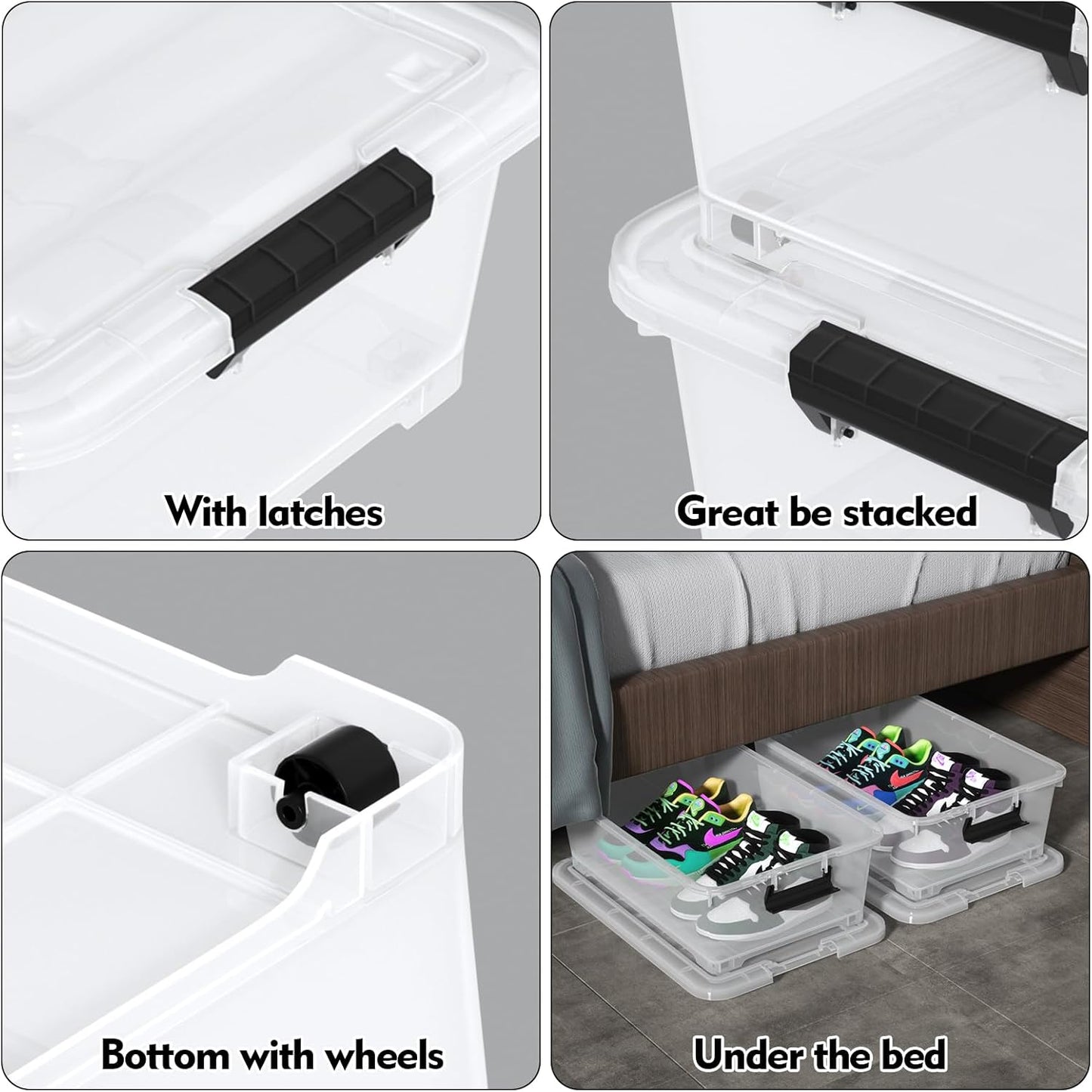 20 Quart Clear Plastic Under Bed Storage Bin, 4-Pack Plastic Storage Box with Wheels Under the Bed