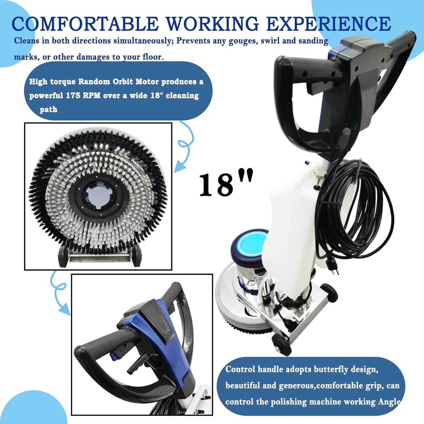 18" Commercial Floor Scrubber & Polisher Heavy Duty Multi-Surface Buffer Cleaner for Wood, Tile, Epoxy, Carpet - 175 RPM, 12L Tank, Low Noise, Industrial & Home Use 110V