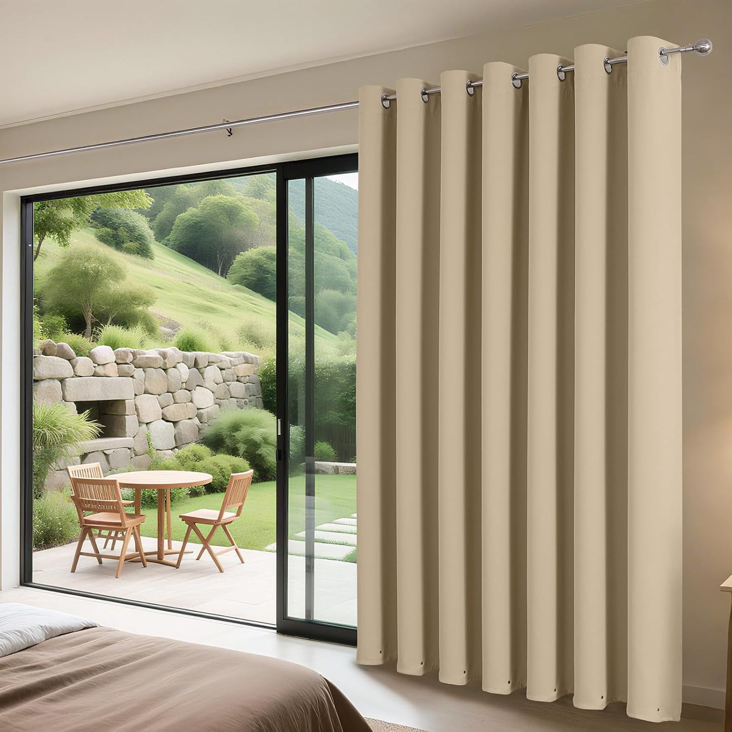 Joydeco Blackout Patio Sliding Door Curtains 84 Inches Long, Grommet Privacy Room Divider Curtains, Extra Wide Thermal Blackout Drapes for Bedroom Living Room (Light Beige, 100Wx84L, 1 Panel)