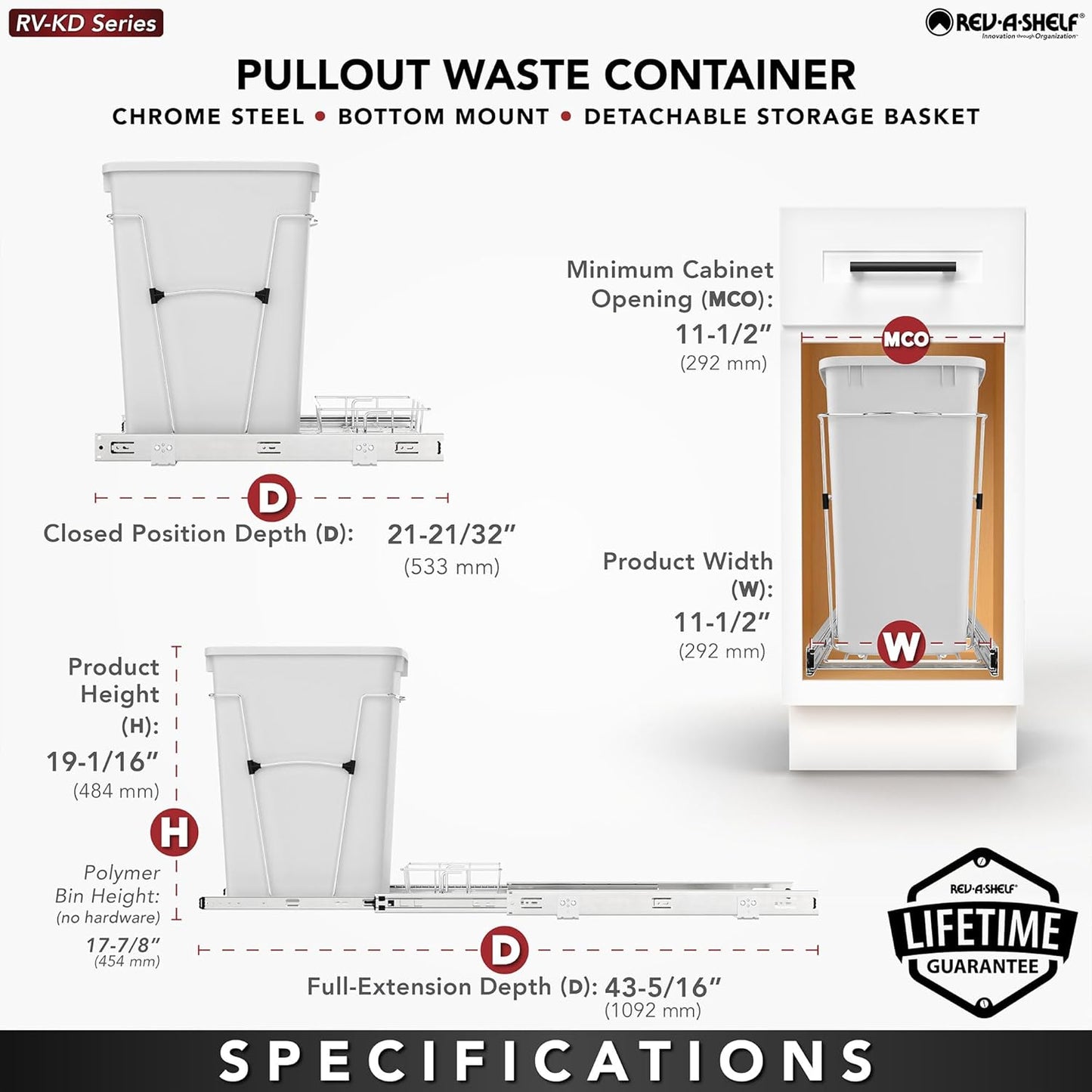 Rev-A-Shelf RV-12KD-18C S 35-Quart Chrome Wire Bottom Mount Pullout Kitchen Waste Trash Can Container Bin with Rear Storage, Black