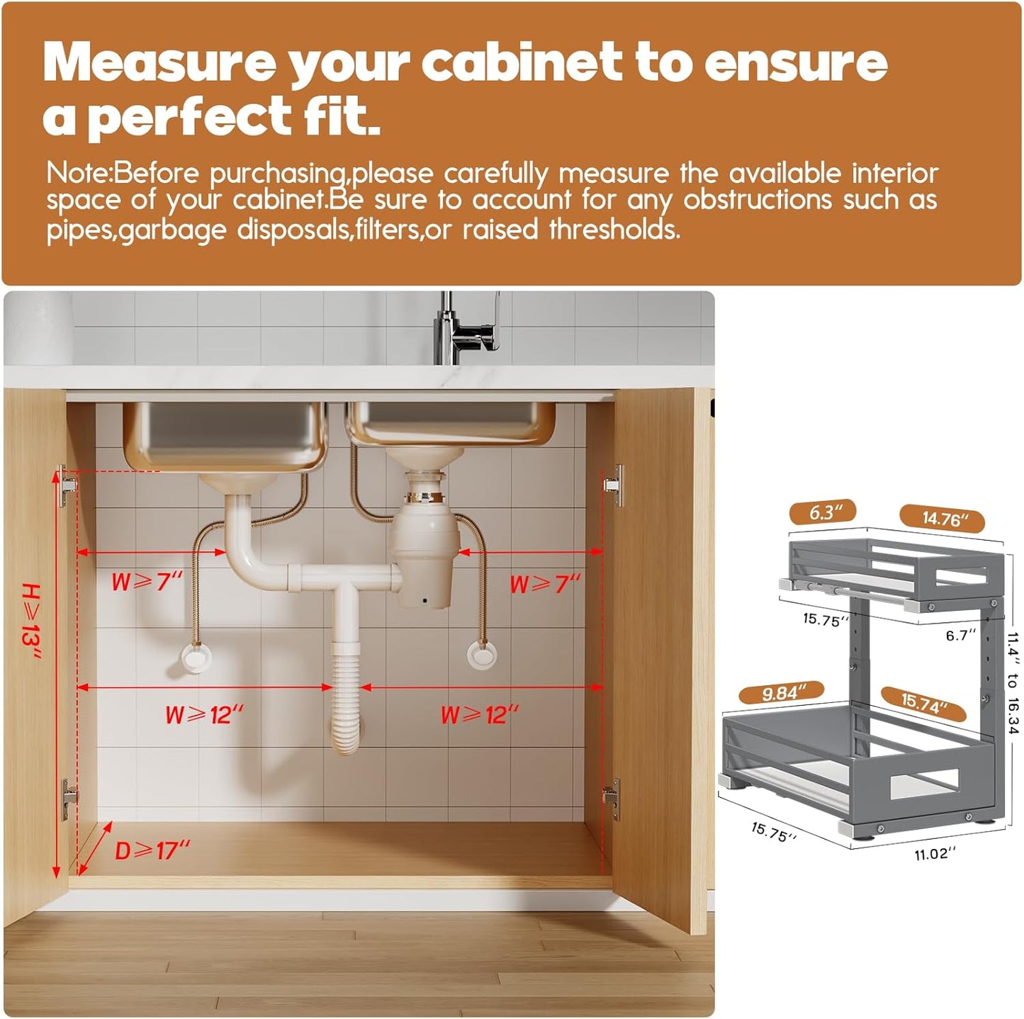 2-Pack Under Sink Organizers and Storage,2-Tier L Shape Pull Out Cabinet Organizer With Round Tube Slide Rails,Hight Adjustable Slide Out Drawers for Kitchen&Bathroom,Multi-Purpose Storage Shelf-Gray