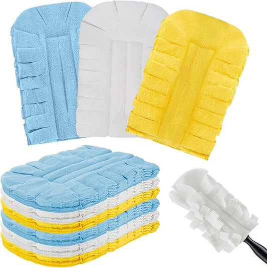 Zubebe 12 Pcs Duster Refill Reusable Fleece Duster Refills Feather Flat Dusters Multi Surface Washable Cleaning Pads Tools for Home, Blinds, Car, Pet, Furniture, Fans (Blue,White,Yellow)