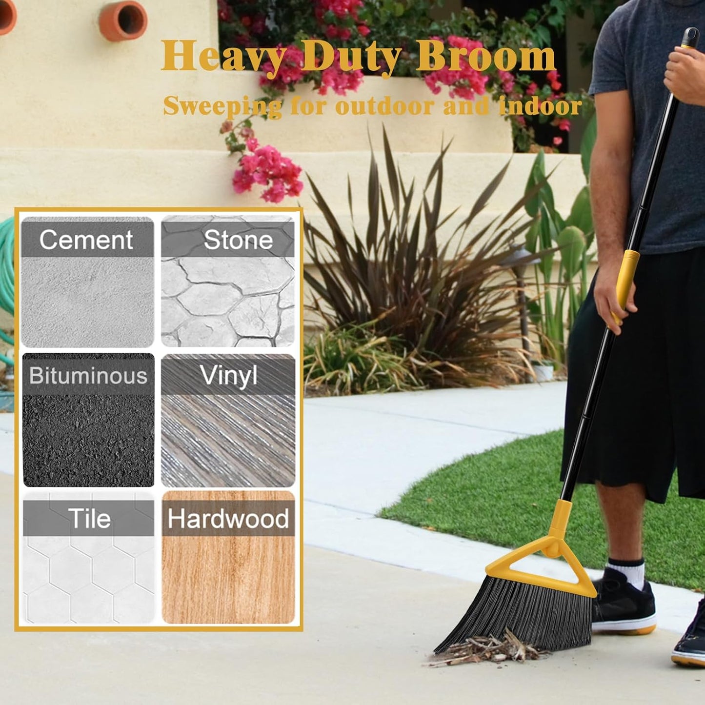 Heavy Duty Commercial Broom, Upgraded Angle Broom for Sweeping Indoor and Outdoor, Perfect Yellow Broom of Kitchen, Garage and Courtyard, Livingroom