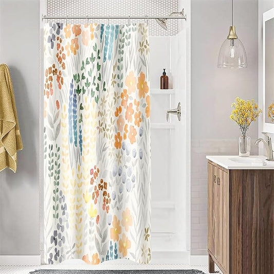 Small Stall Shower Curtain 36 x 72 Inch, Half Narrow Cute Floral Shower Curtain for Bathroom, Orange Wildflower Boho Cottagecore Fabric Shower Curtain Set with Hooks