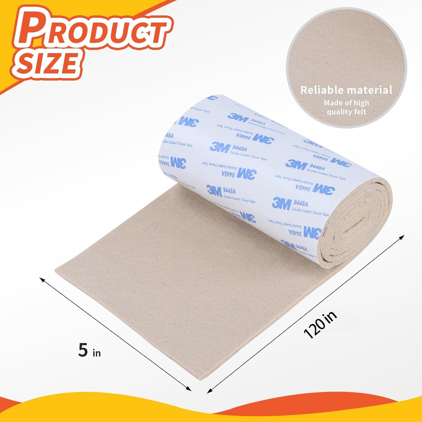 Felt Furniture Pads, Heavy Duty Felts Strip Roll with Adhesive Backing Felt Pads Furniture Feet Cuttable Felts Tape for Protecting Hardwood Floors(5 x 120 x 0.12 Inch, White)