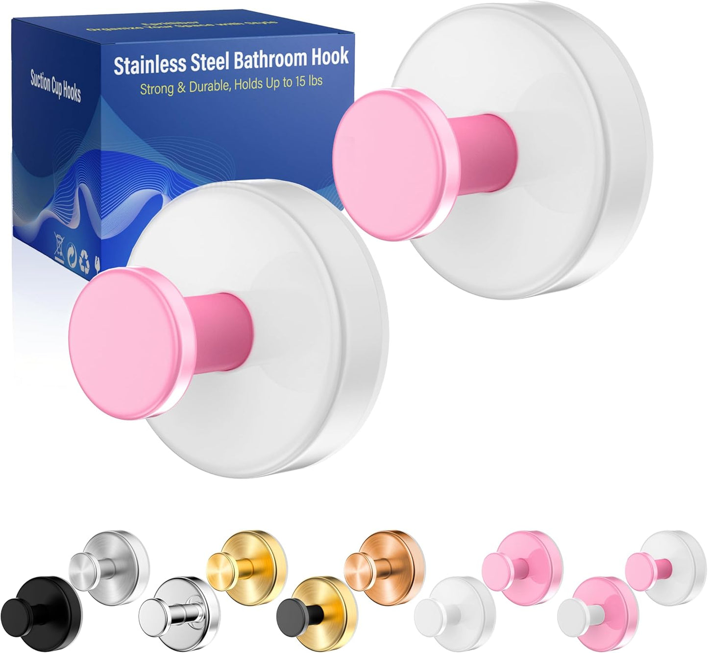 Suction Cup Hooks for Shower,Removable No Drill Towel Hooks,Upgraded 15 lbs Strong Suction hooks for Bathroom Tile,Shower Wall,Glass Door,Kitchen-Loofah,Coat,Stainless Waterproof-White Pink 2 Pcs