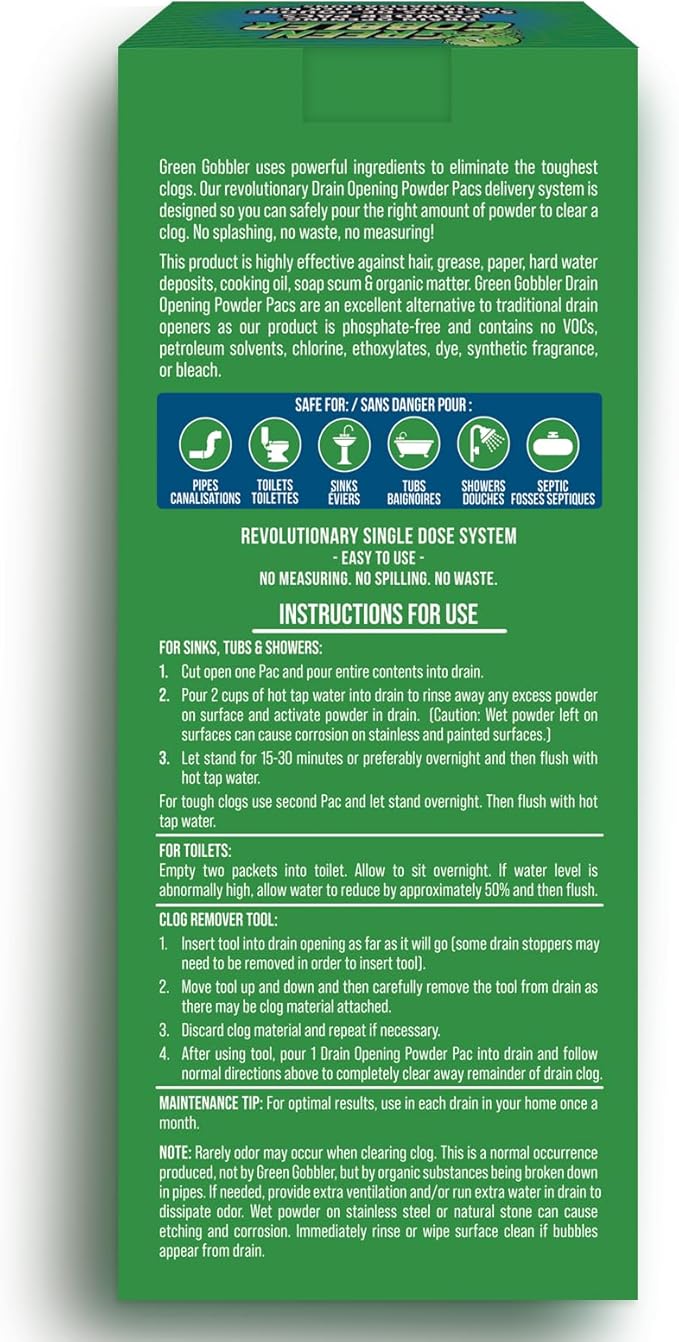 Green Gobbler Drain Clog Remover & Drain Cleaner Powder (5 Pacs & 5 Tools)