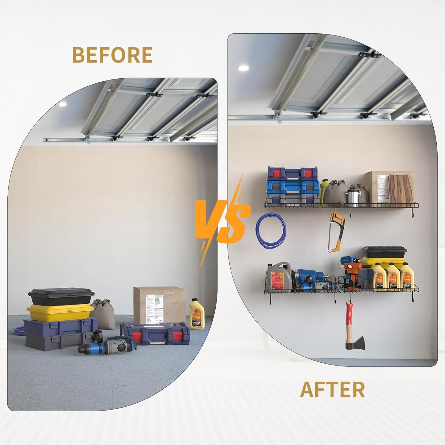 2 Pack Garage Wall Shelf, Garage Wall Mounted Shelving, Heavy Duty Floating Shelves With 4 Hooks, Loads 90 LBS Black Wall Shelves Mesh Storage Rack for Office, Basement, Wall Cabinet and Kitchen