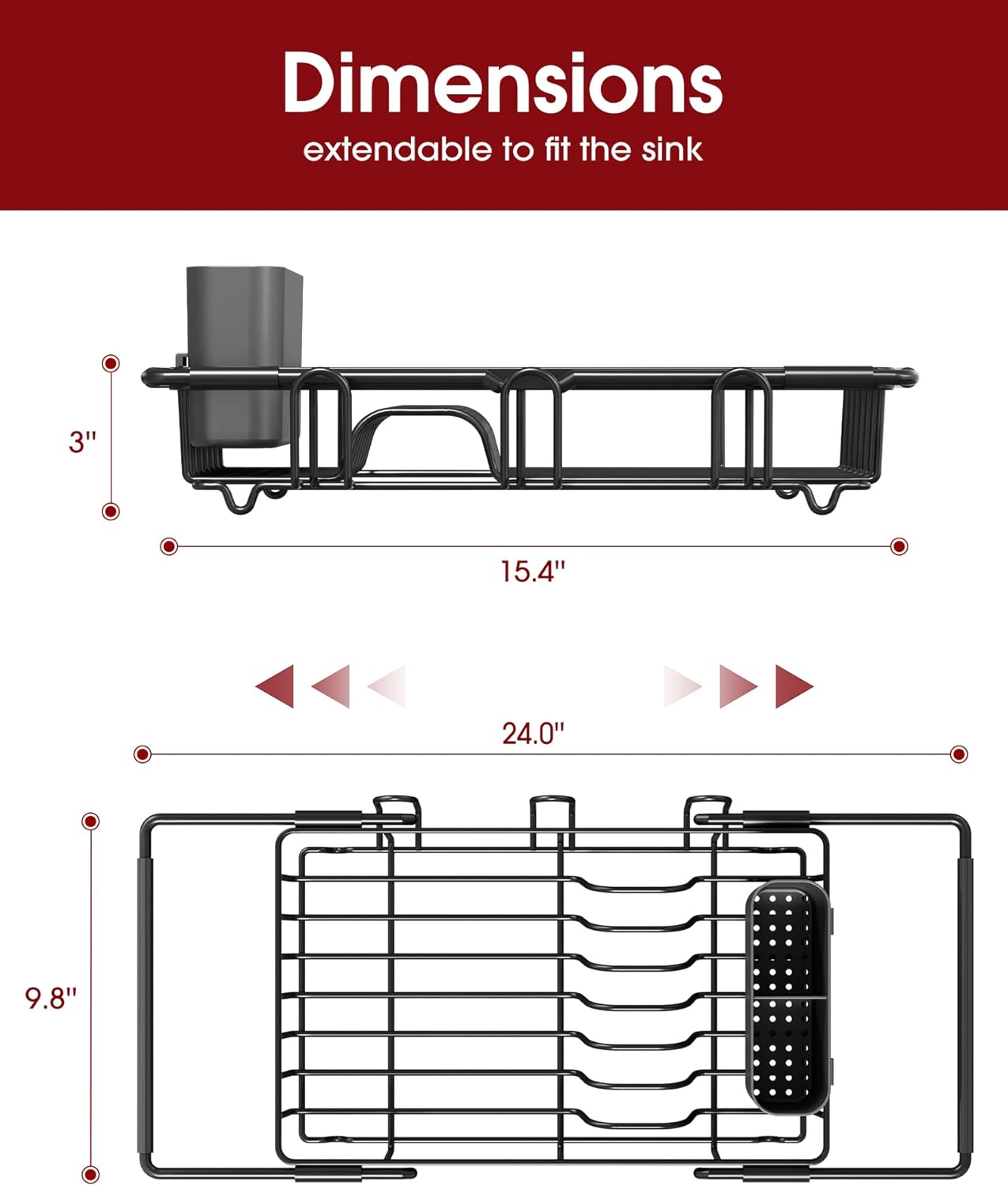 Dish Drying Rack in Sink - Expandable Stainless Steel Dish Rack Over The Sink, Kitchen Sink Drain Strainer with Cutlery Holder & Cup Holders, 15.4 x 9.8 x 3.0 Inch, Black