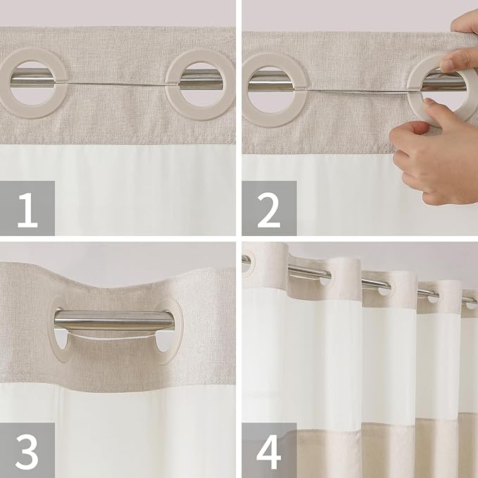 Extra Long No Hooks Needed Linen Textured Shower Curtain with Snap-in Fabric Liner Set,Cream Hotel Luxury Decor Shower Curtains for Bathroom,Waterproof & Washable,71Wx92H