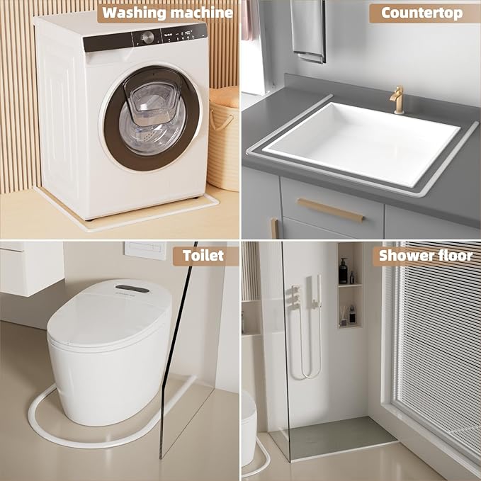 39” White Shower Threshold Water Dam Stopper for Dry and Wet Separation,Self Adhesive Collapsible Walk in Shower Splash Guard Seal Strip,Silicone Sink Edge Water Barrrier for Bathroom and Kitchen