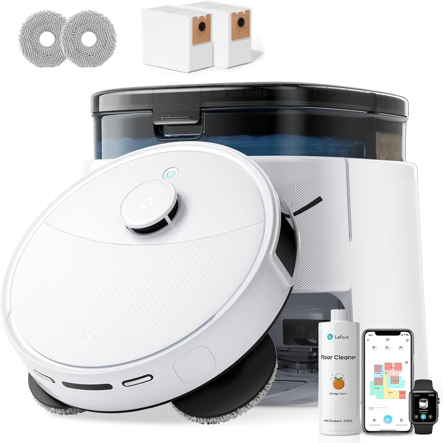 Lefant Robot Vacuum and Mop, 12000Pa Suction, Self Emptying, Auto Mop Washing and Drying for Hands-Free, Anti-Tangle Brushes, Dual Spinning Mop for Pet Hair Dust, Wi-Fi/App/Alexa/iWatch Control, M3